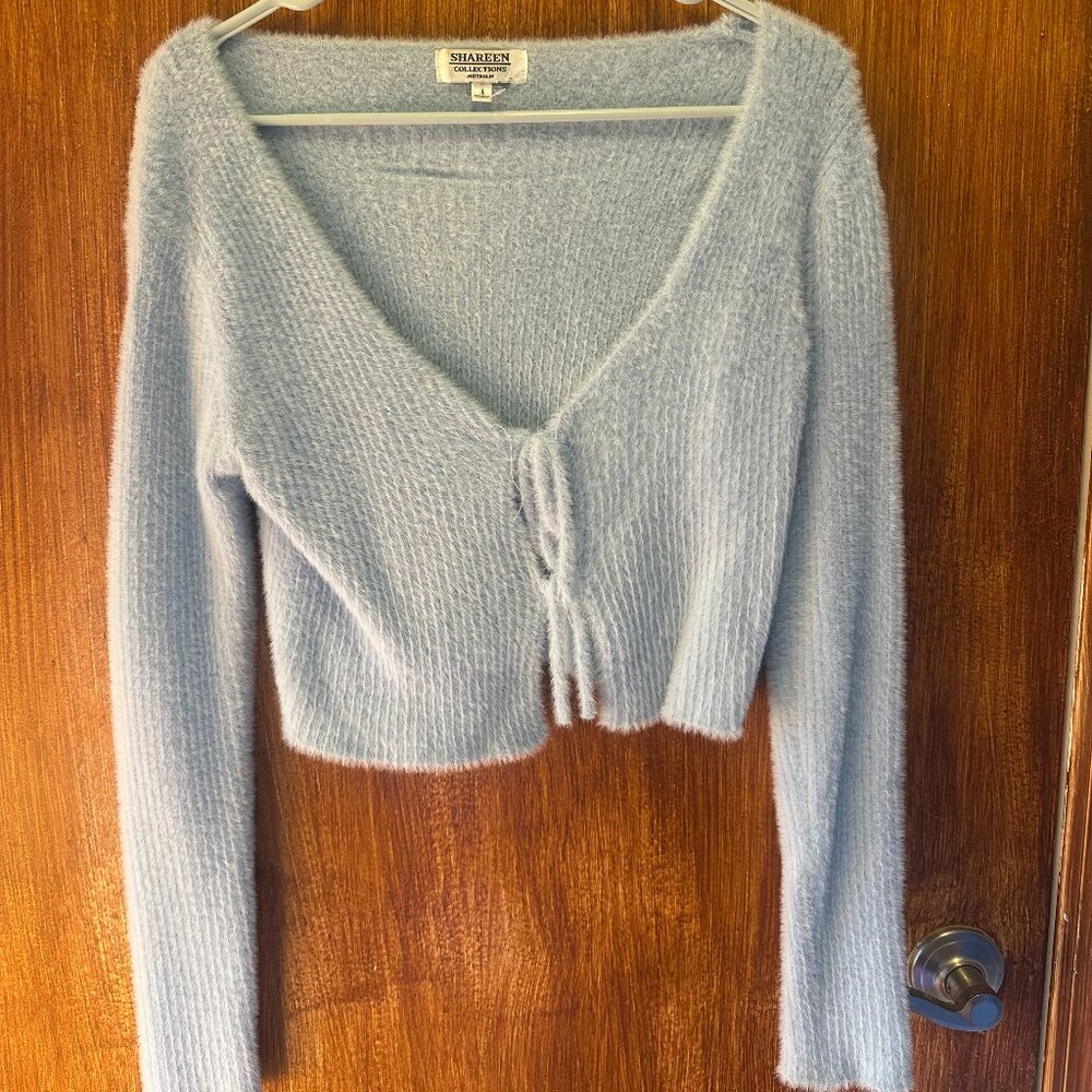Shareen 90s Vintage Baby Blue Tie Front Fuzzy Long Sleeve Sweater
